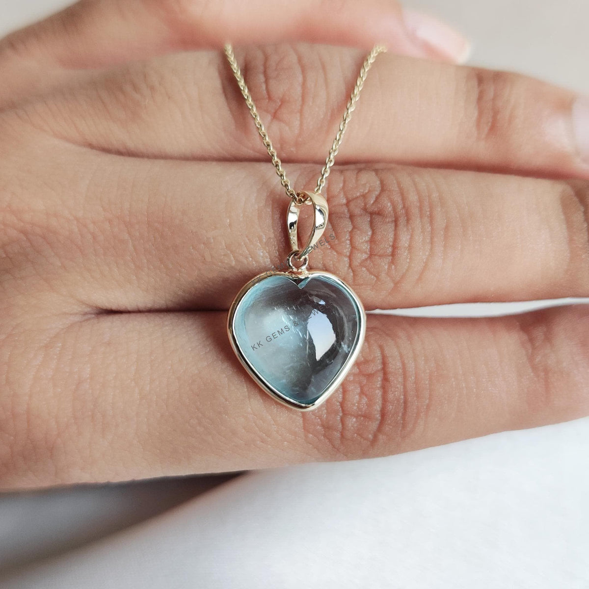 14K Solid Yellow Gold Natural Aquamarine Heart Pendant - March Birthstone