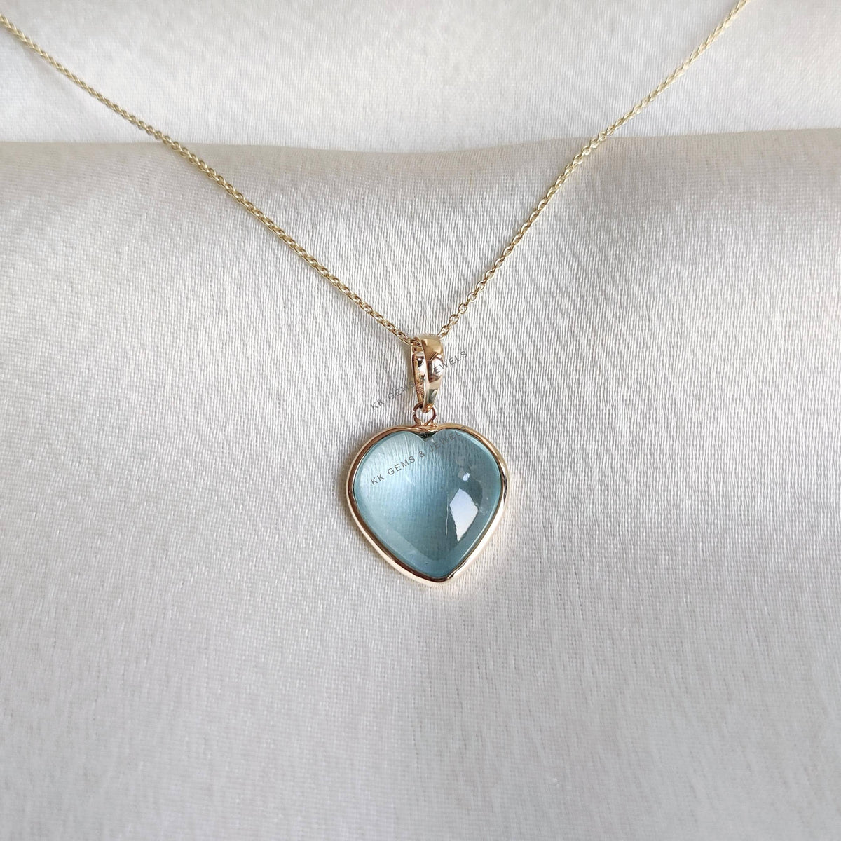 14K Solid Yellow Gold Natural Aquamarine Heart Pendant - March Birthstone