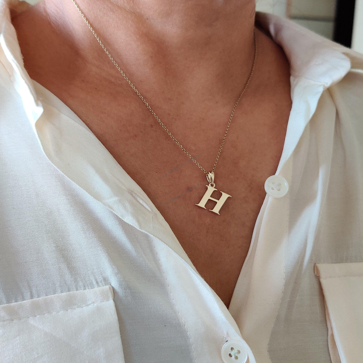 14K Solid Yellow Gold Initial H Pendant, Alphabet Charm