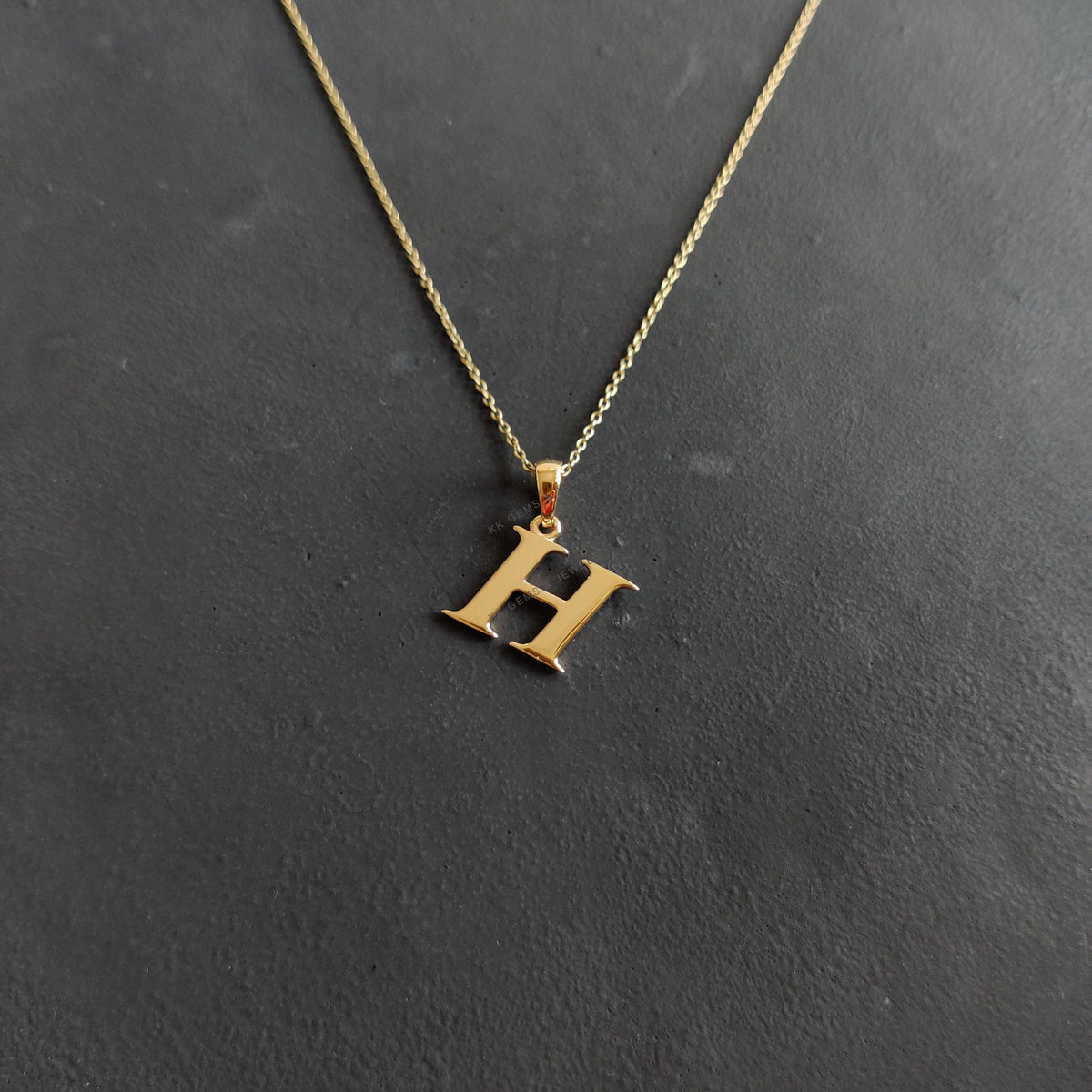 14K Solid Yellow Gold Initial H Pendant, Alphabet Charm