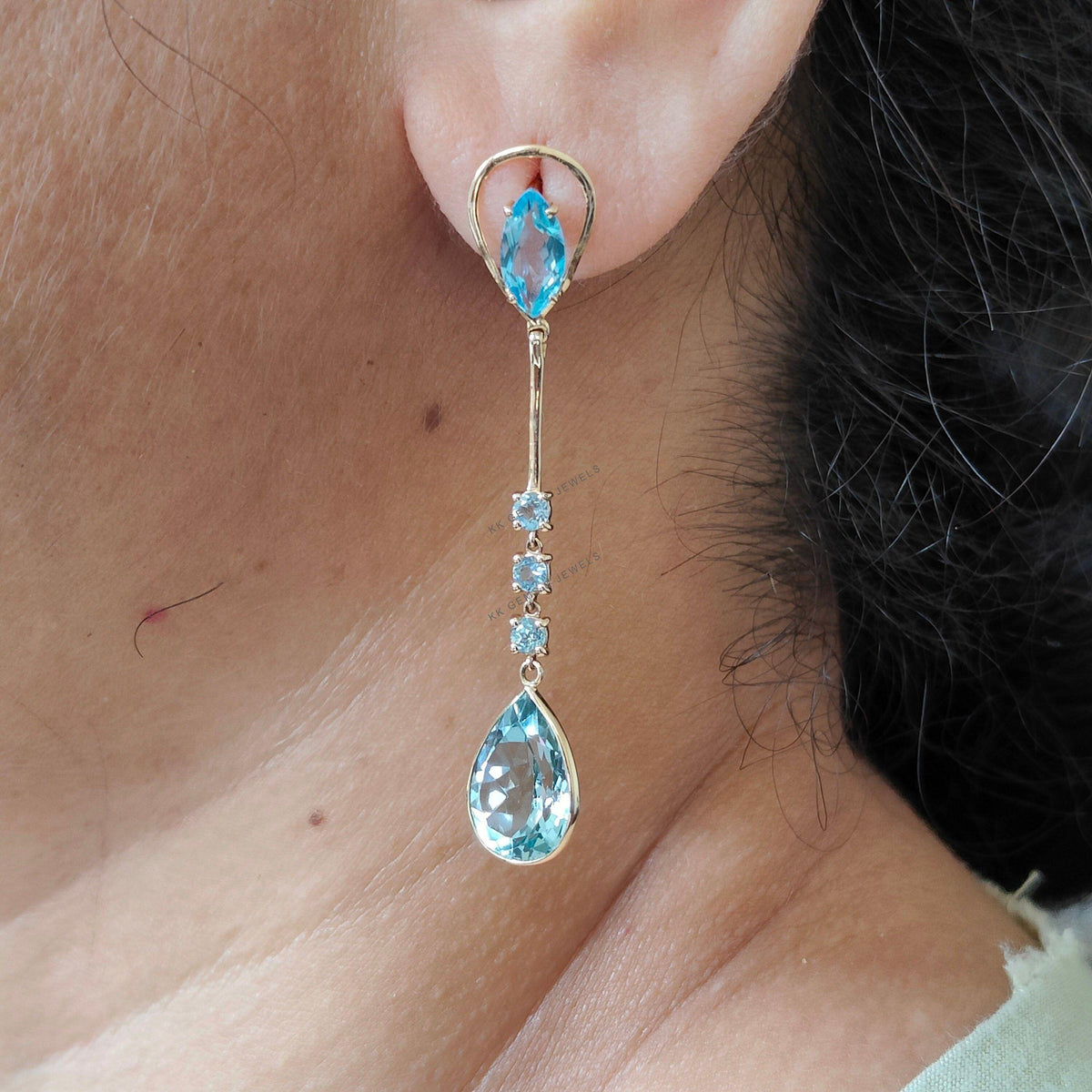 Natural Sky Blue Topaz Earrings, 14K Solid Yellow Gold Dangler Studs, December Birthstone