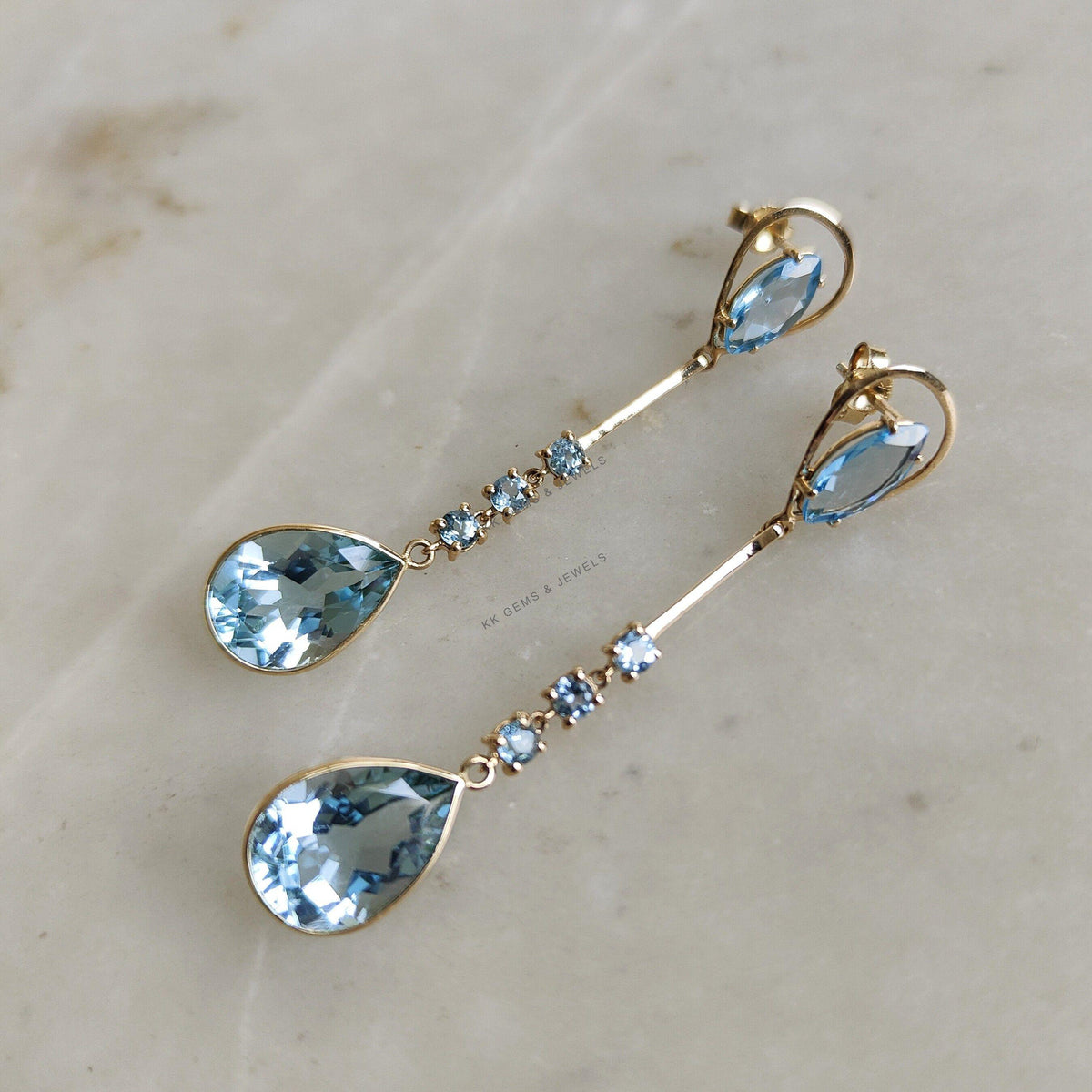 Natural Sky Blue Topaz Earrings, 14K Solid Yellow Gold Dangler Studs, December Birthstone