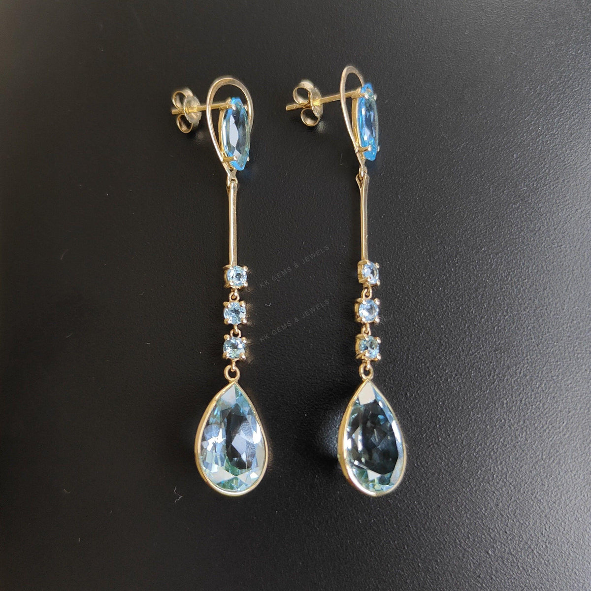 Natural Sky Blue Topaz Earrings, 14K Solid Yellow Gold Dangler Studs, December Birthstone