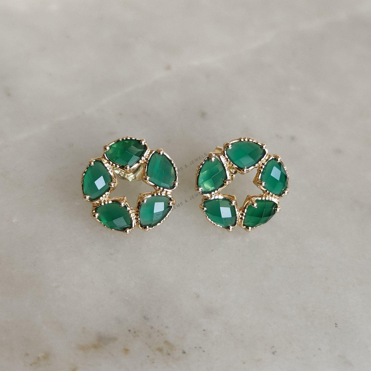 14K Solid Yellow Gold Natural Green Onyx Stud Earrings, May Birthstone