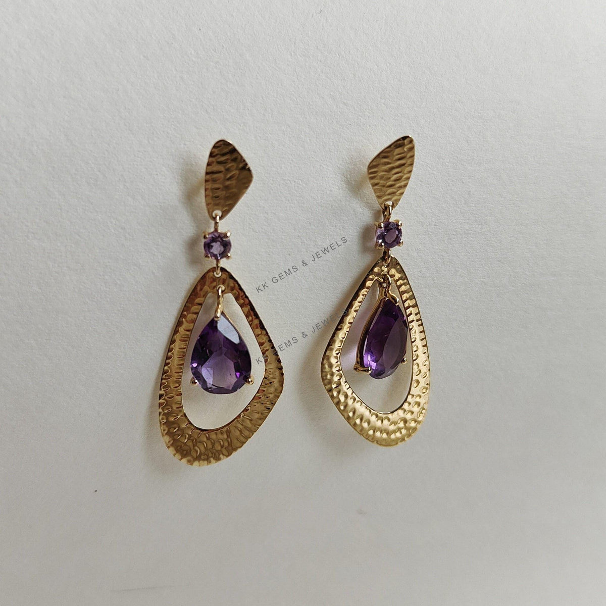 Natural Purple Amethyst Drop Earrings, 14K Solid Yellow Gold, February Birthstone