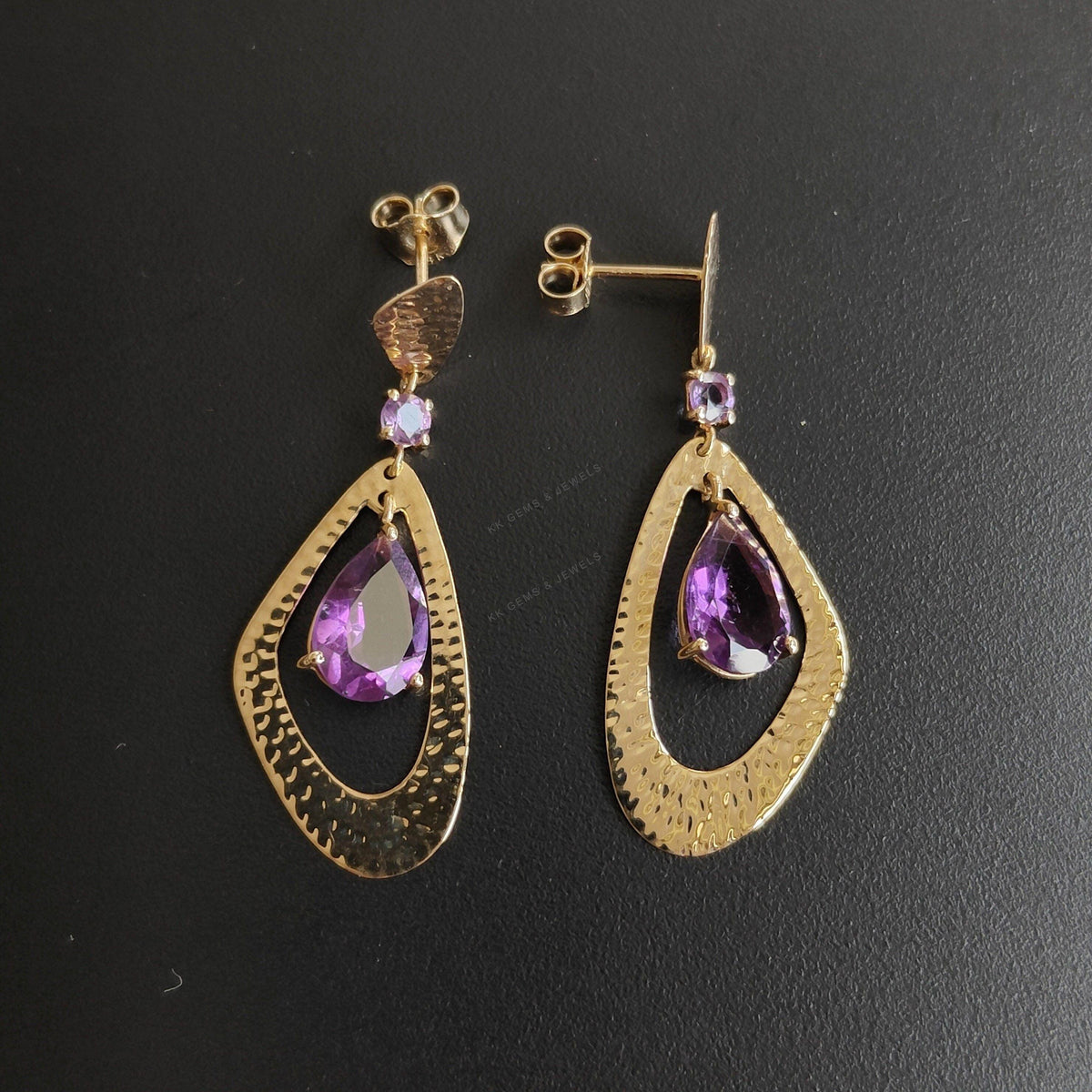 Natural Purple Amethyst Drop Earrings, 14K Solid Yellow Gold, February Birthstone