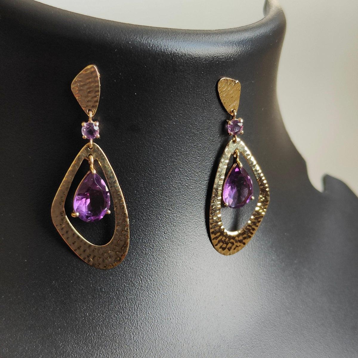 Natural Purple Amethyst Drop Earrings, 14K Solid Yellow Gold, February Birthstone