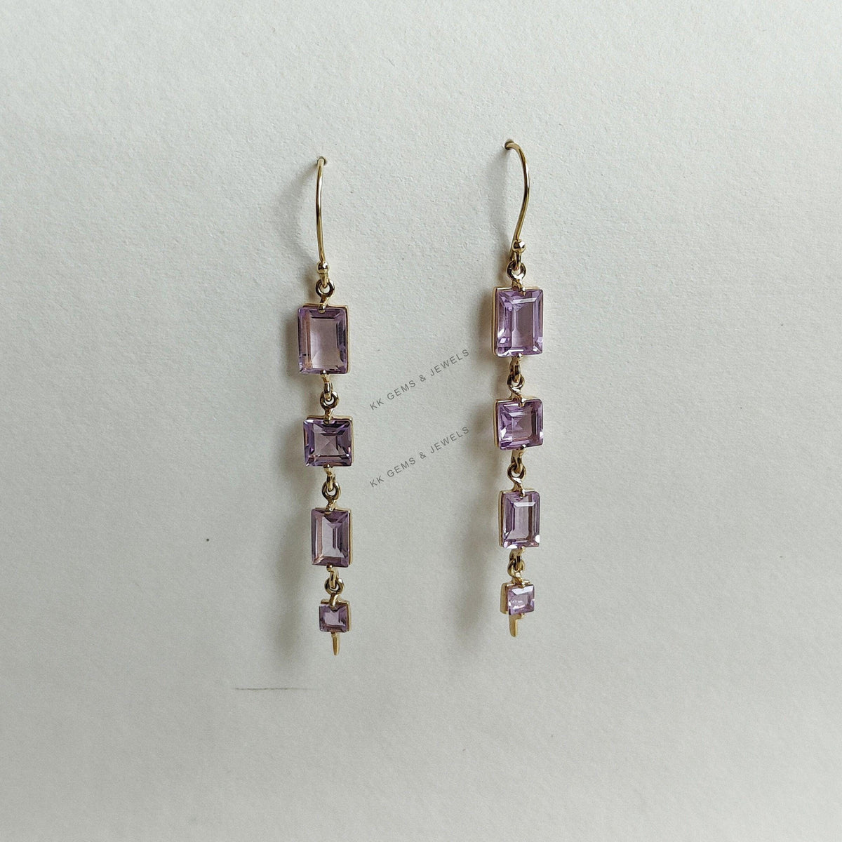 14K Solid Yellow Gold Natural Pink Amethyst Drop Earrings, February Birthstone