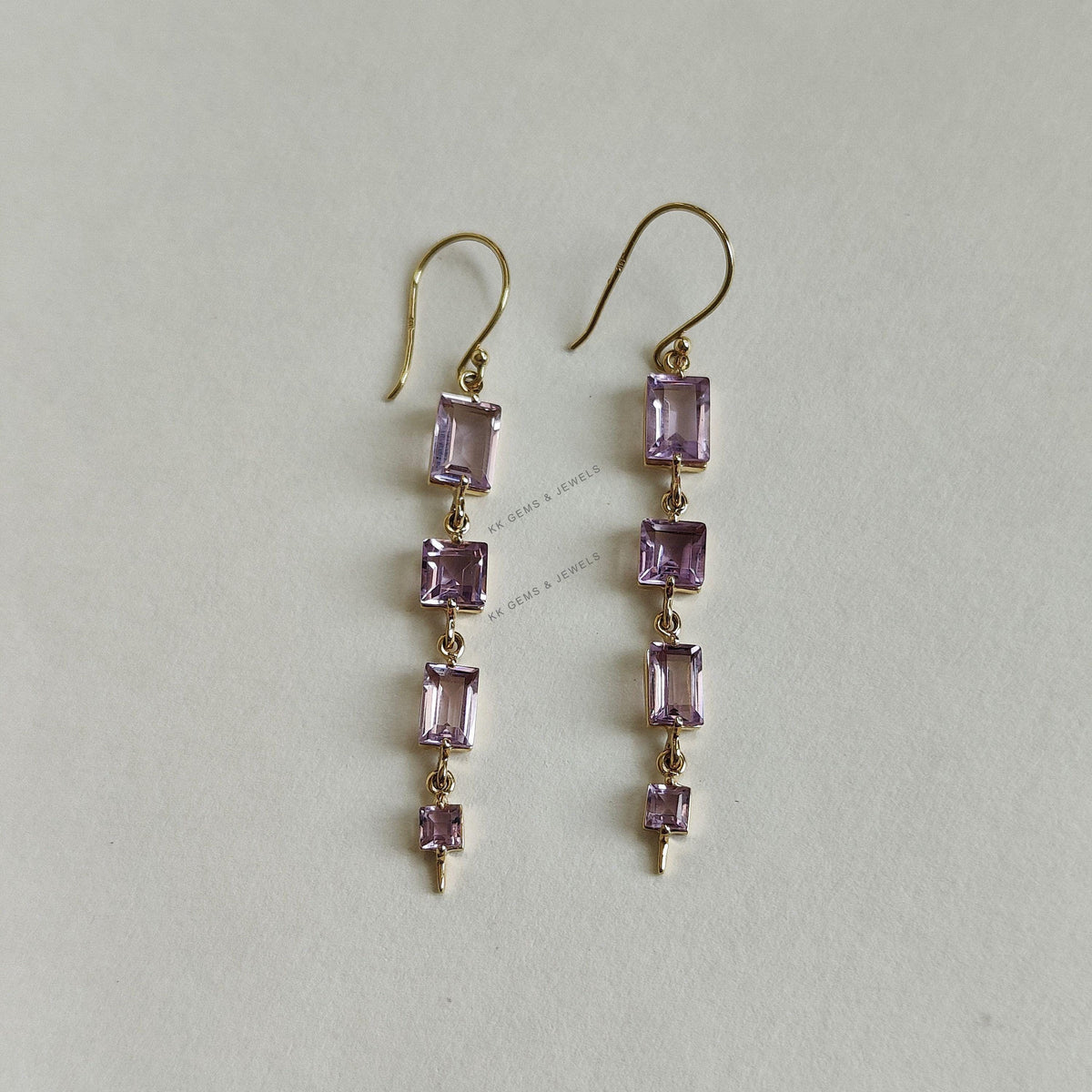 14K Solid Yellow Gold Natural Pink Amethyst Drop Earrings, February Birthstone