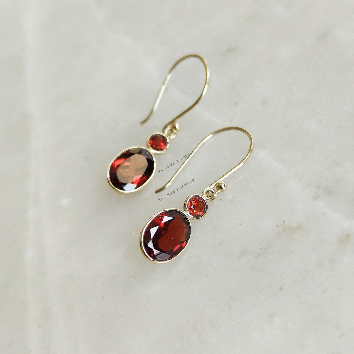 14K Solid Yellow Gold Natural Garnet Bezel Earrings, January Birthstone