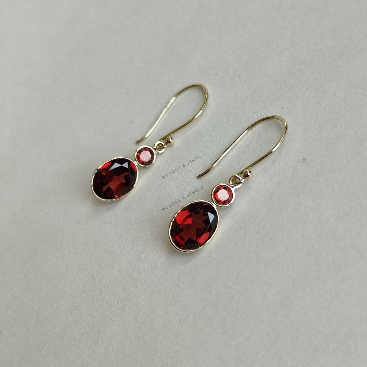14K Solid Yellow Gold Natural Garnet Bezel Earrings, January Birthstone
