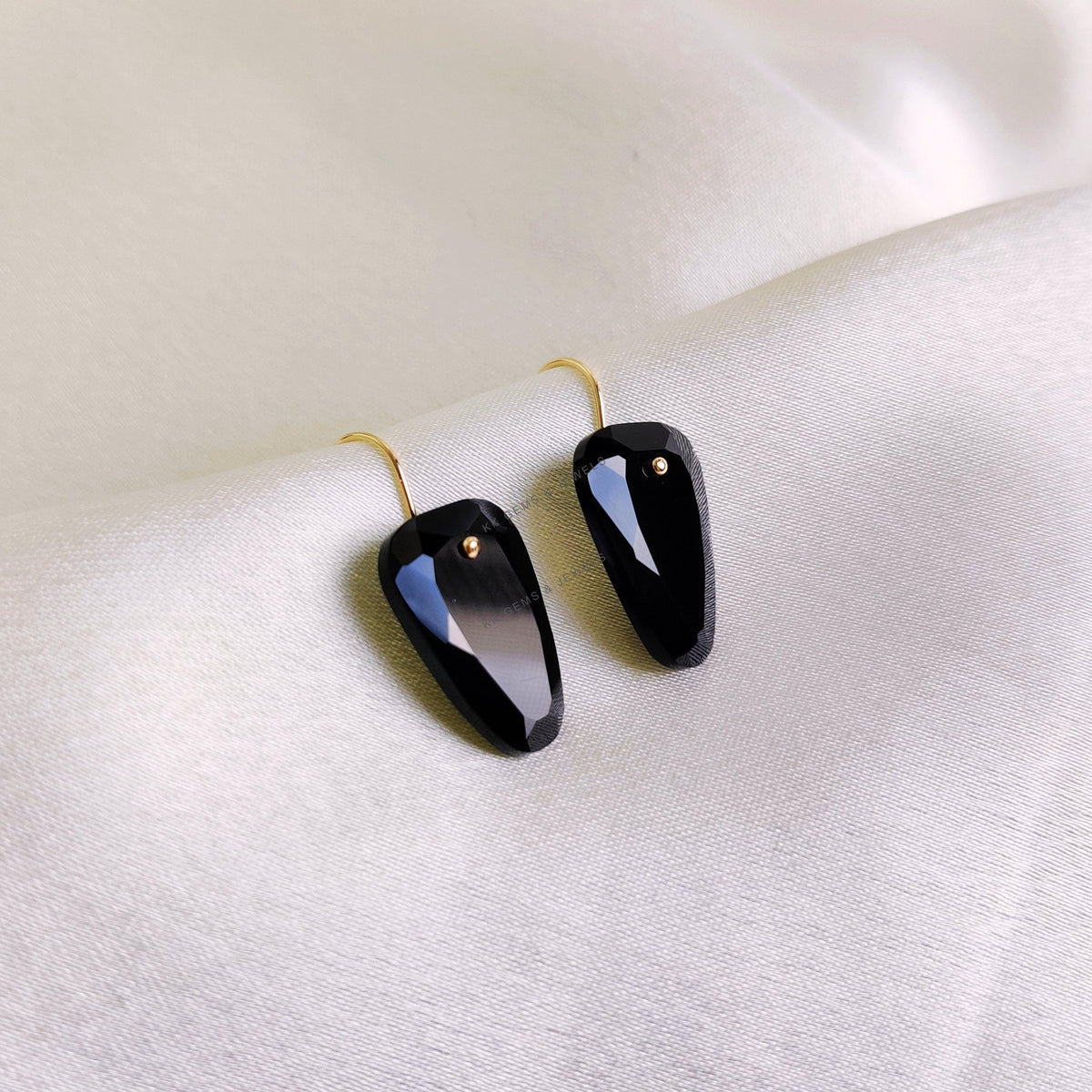 14K Solid Yellow Gold Natural Black Onyx Fancy Drill Earrings, December Birthstone