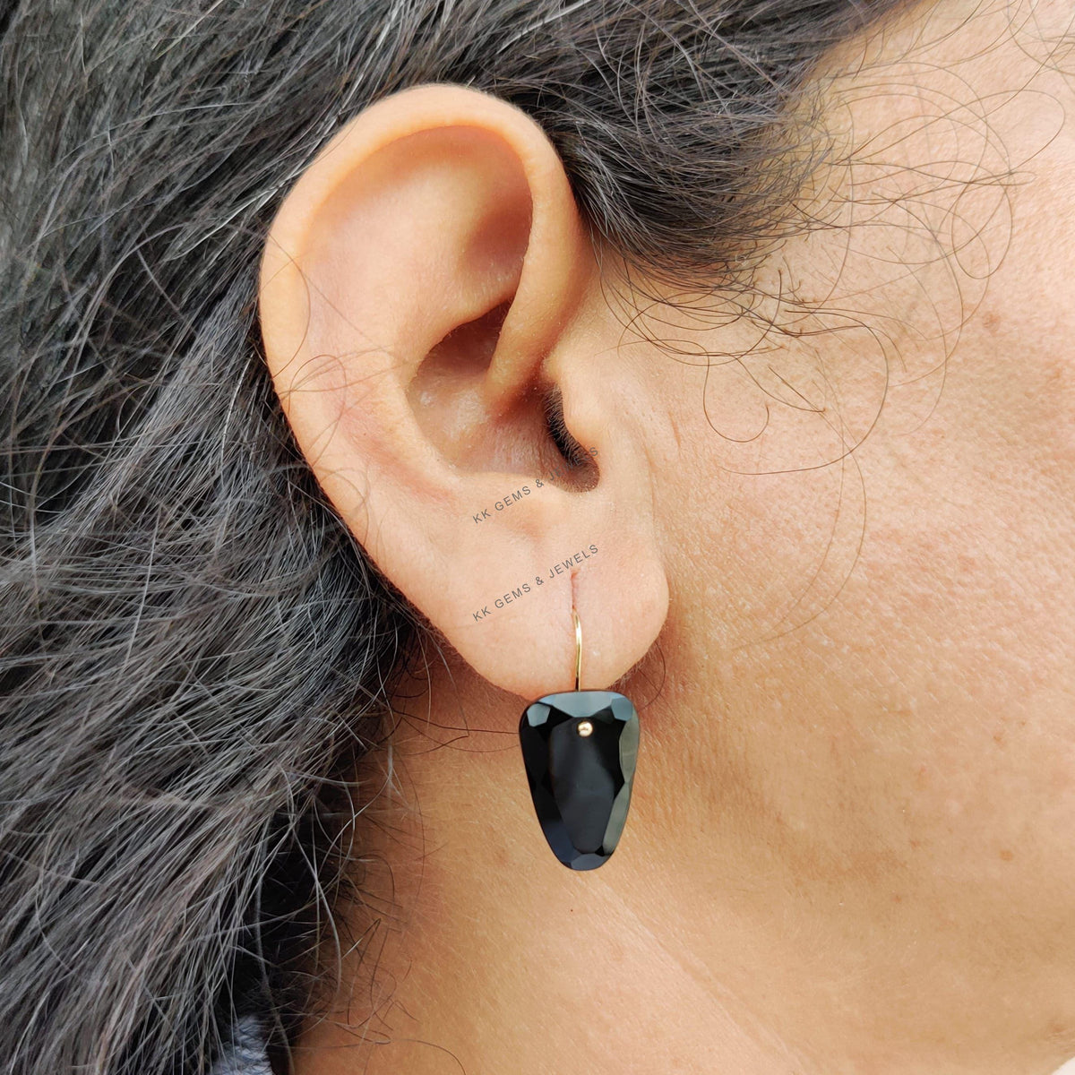 14K Solid Yellow Gold Natural Black Onyx Fancy Drill Earrings, December Birthstone