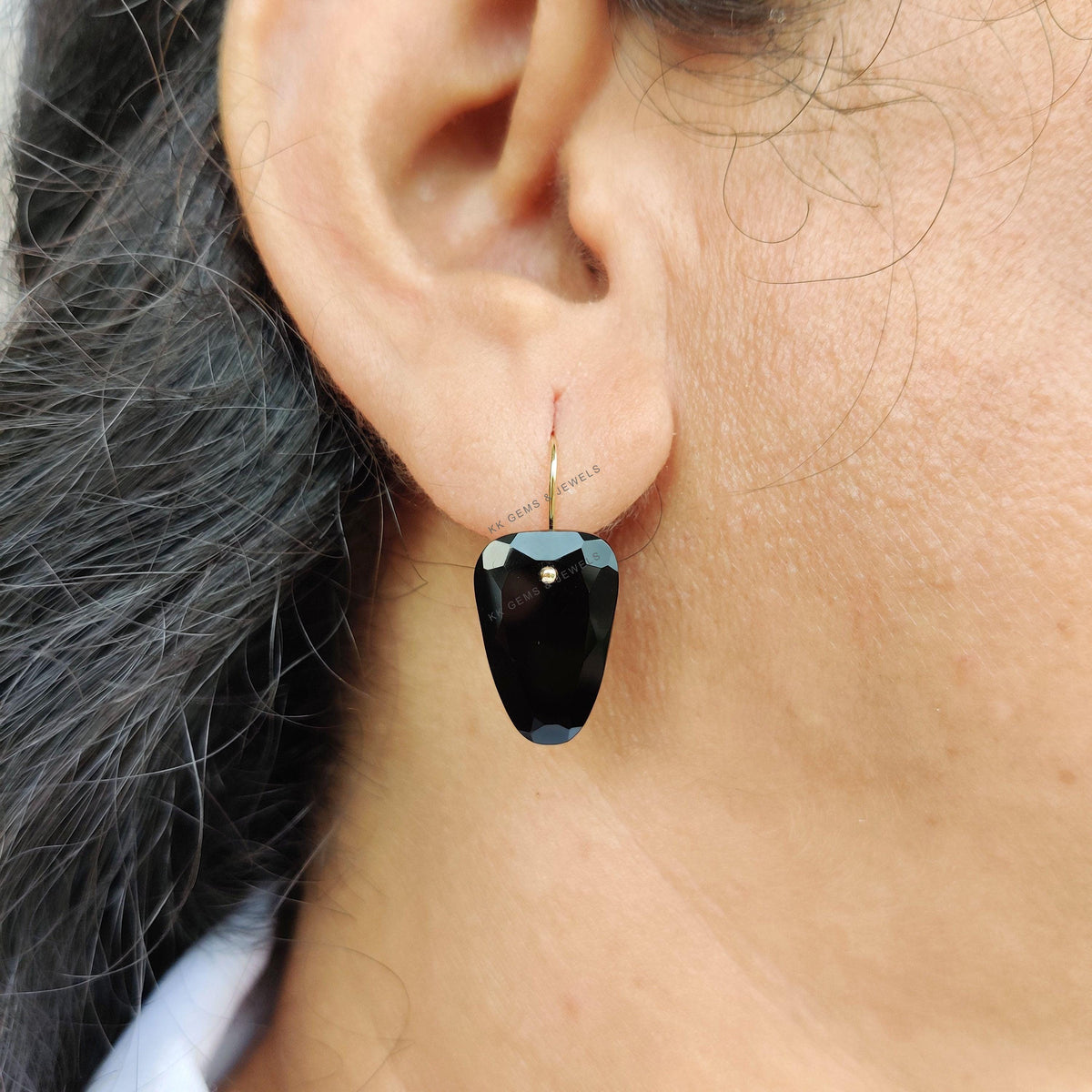 14K Solid Yellow Gold Natural Black Onyx Fancy Drill Earrings, December Birthstone