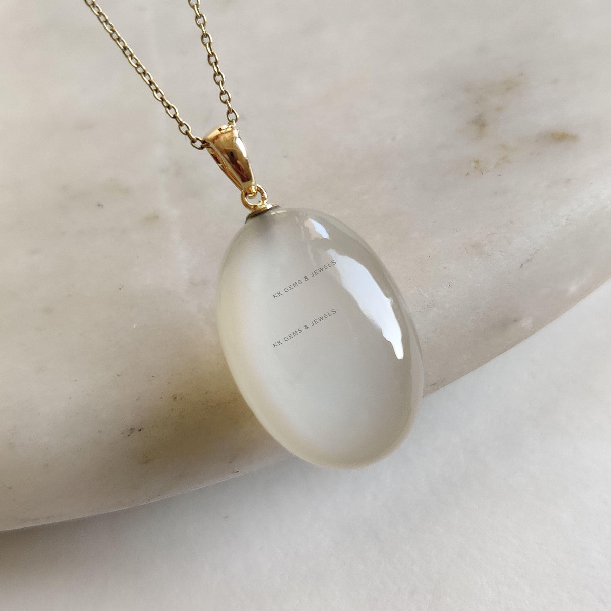 Natural White Moonstone 14K Solid Yellow Gold Drill Pendant, June Birthstone Jewelry