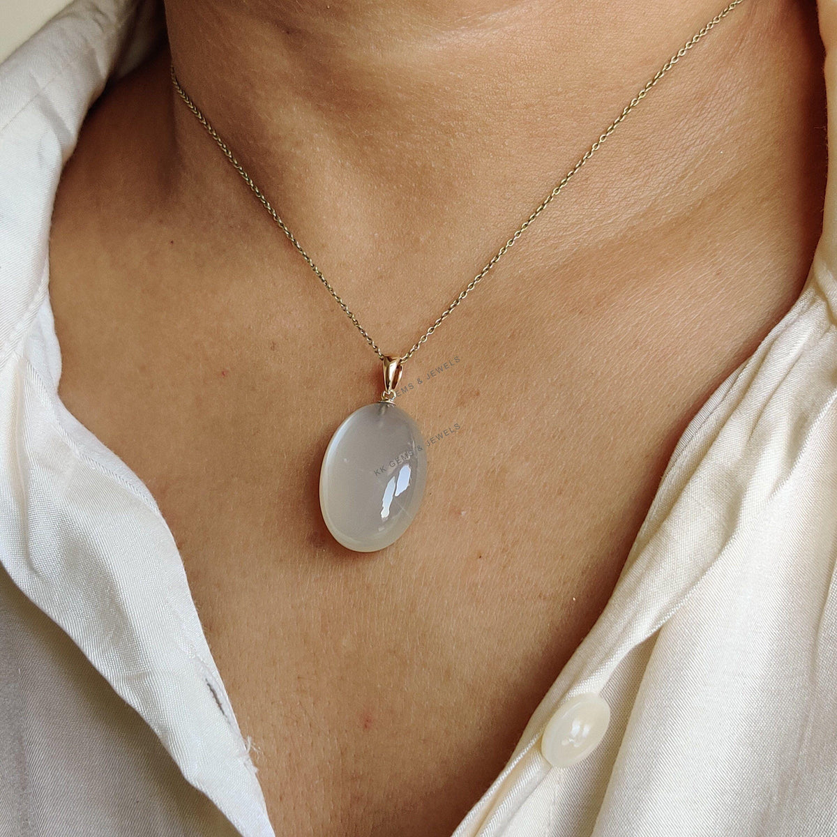 Natural White Moonstone 14K Solid Yellow Gold Drill Pendant, June Birthstone Jewelry