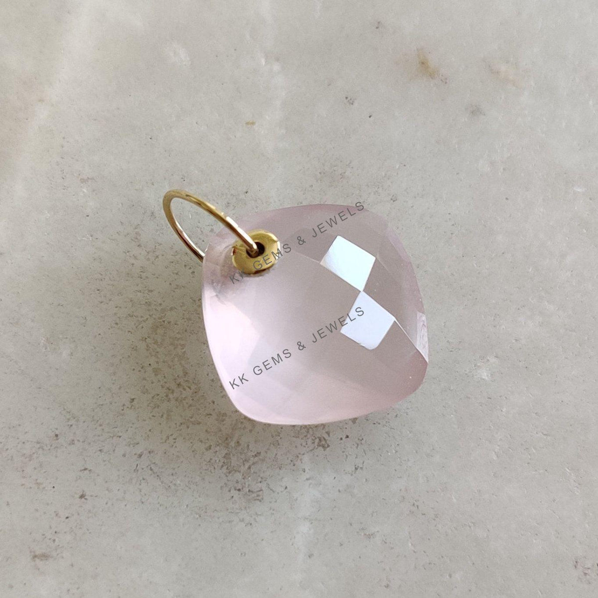 14K Solid Yellow Gold Natural Rose Quartz Square Cushion Drill Pendant, January Birthstone