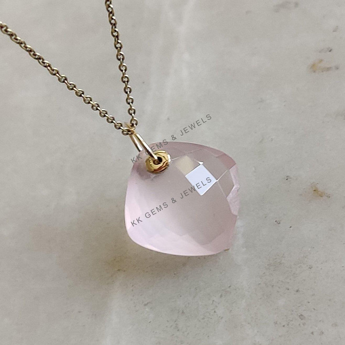 14K Solid Yellow Gold Natural Rose Quartz Square Cushion Drill Pendant, January Birthstone