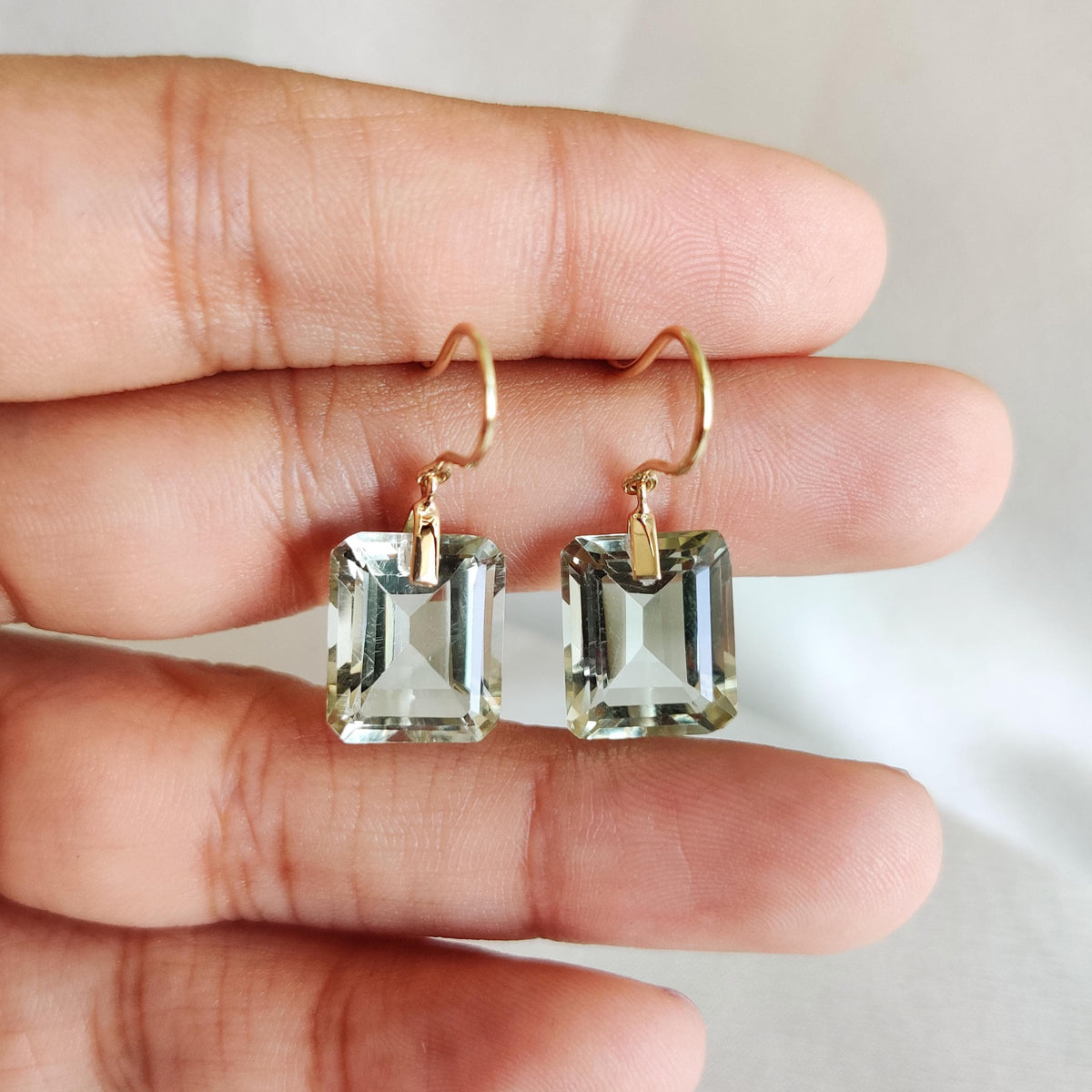 14K Solid Yellow Gold Natural Green Amethyst Drill Earrings, February Birthstone, Christmas Present
