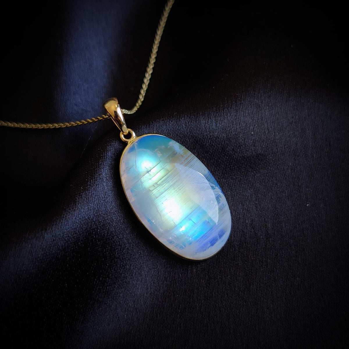 14K Solid Gold Natural Rainbow Moonstone Pendant: Oval Gemstone Jewelry