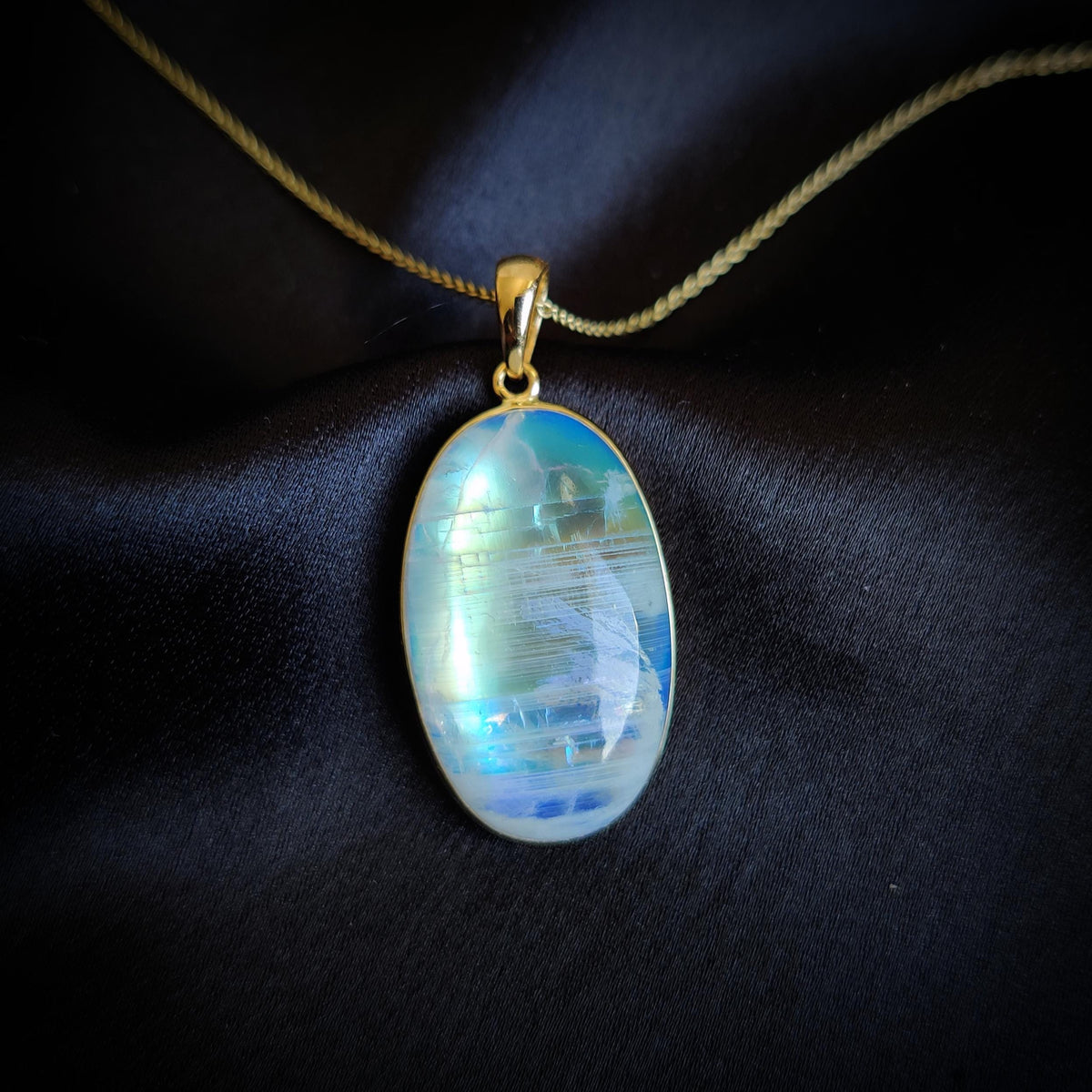 14K Solid Gold Natural Rainbow Moonstone Pendant: Oval Gemstone Jewelry