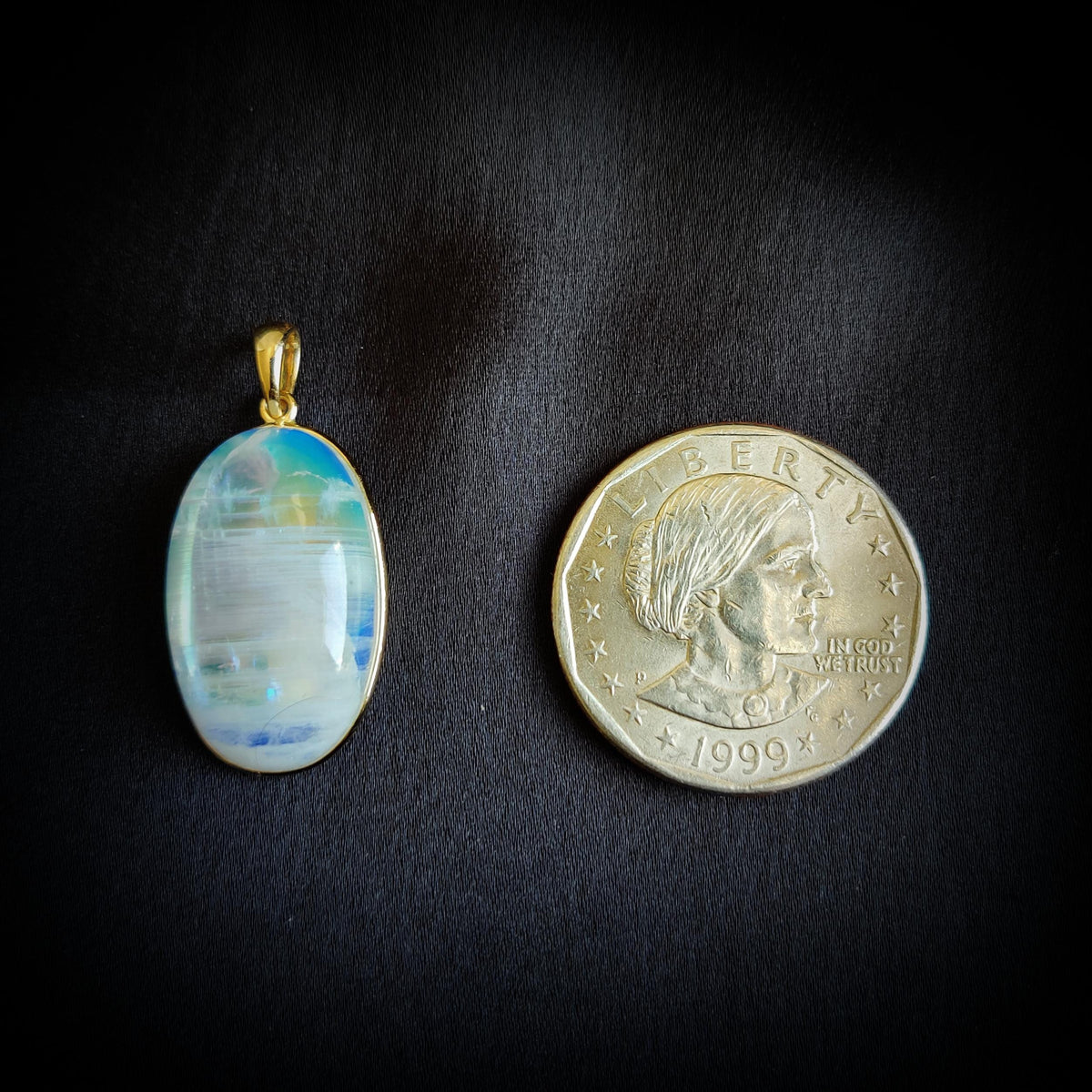 14K Solid Gold Natural Rainbow Moonstone Pendant: Oval Gemstone Jewelry