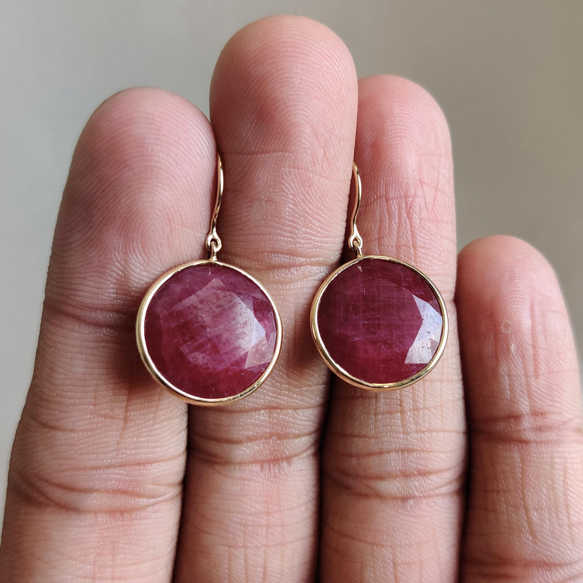 Natural Round Ruby 14K Solid Yellow Gold Bezel Earrings, July Birthstone
