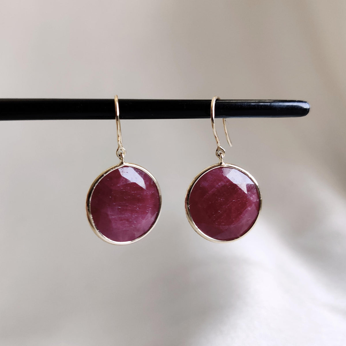 Natural Round Ruby 14K Solid Yellow Gold Bezel Earrings, July Birthstone