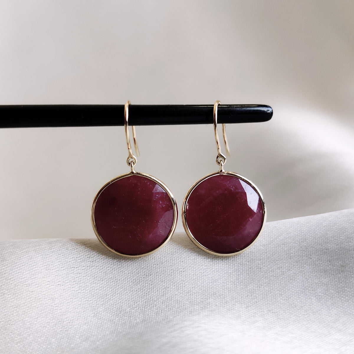 Natural Round Ruby 14K Solid Yellow Gold Bezel Earrings, July Birthstone