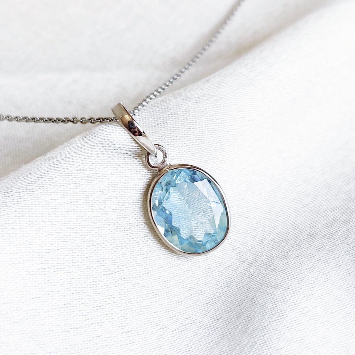 Natural Aquamarine Bezel Pendant, 14K Solid White Gold March Birthstone