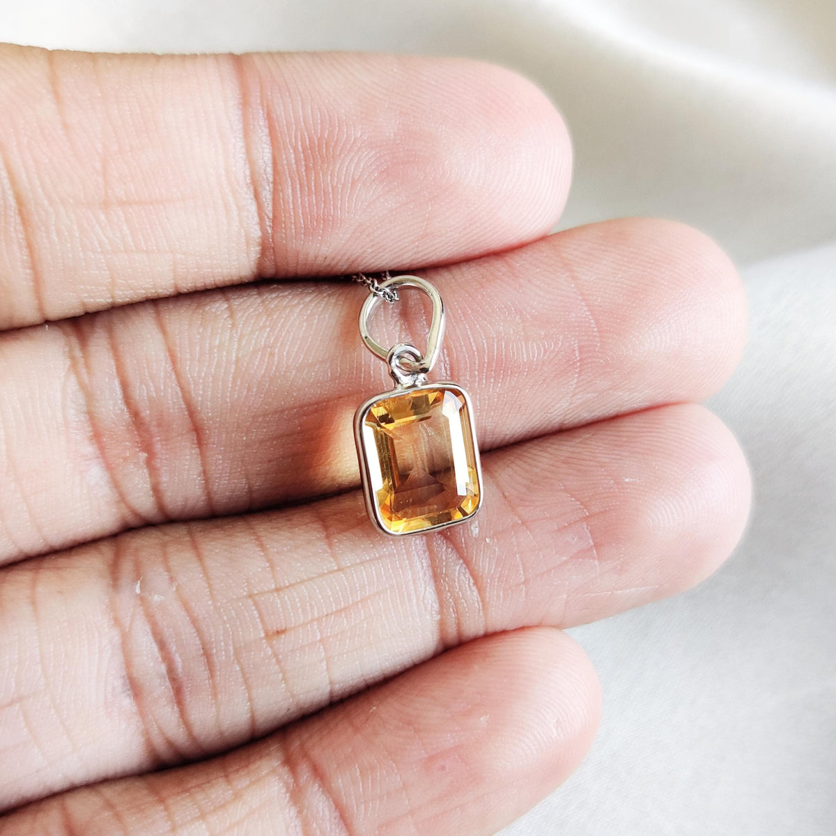 Emerald Cut Natural Citrine Pendant, 14K Solid White Gold, November Birthstone