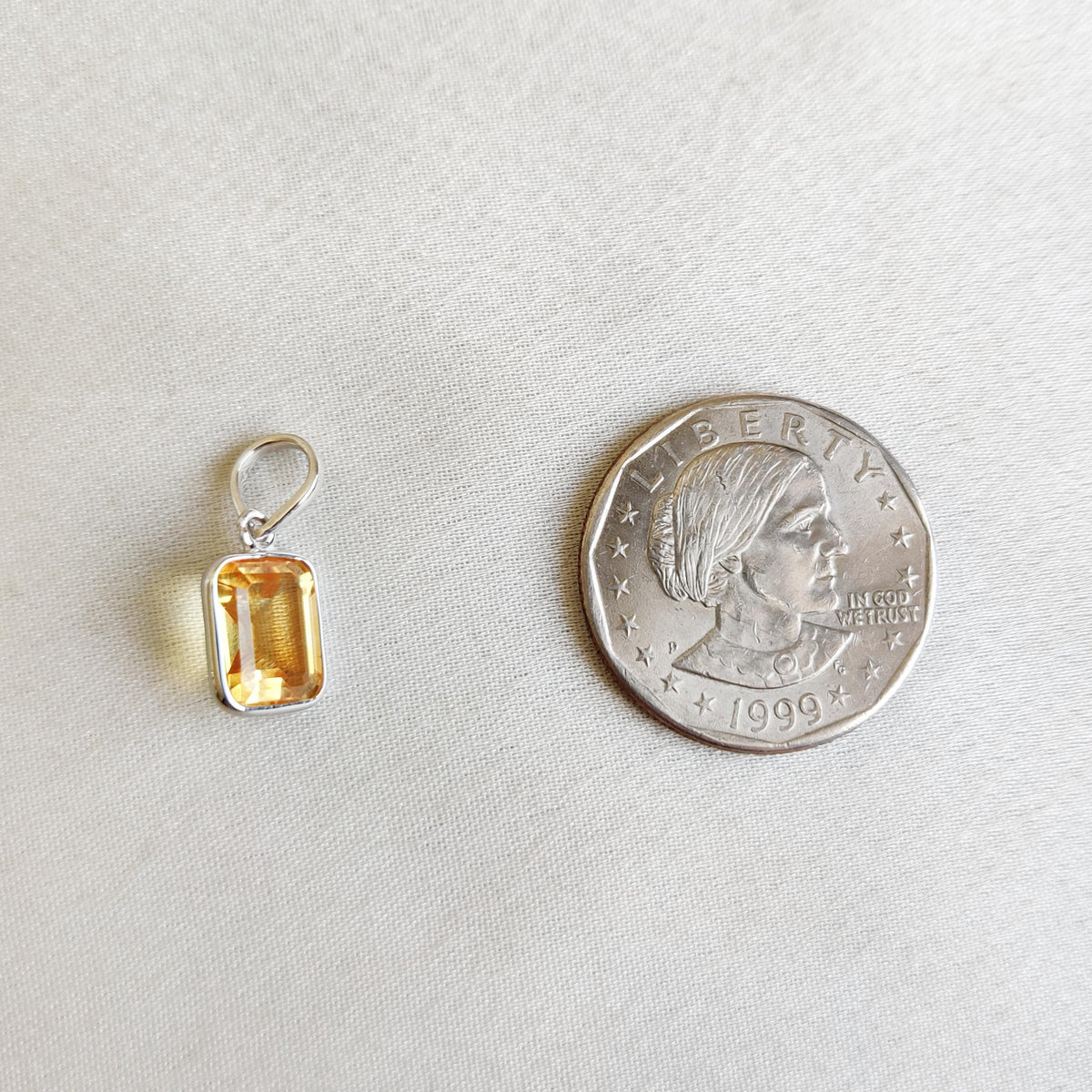 Emerald Cut Natural Citrine Pendant, 14K Solid White Gold, November Birthstone