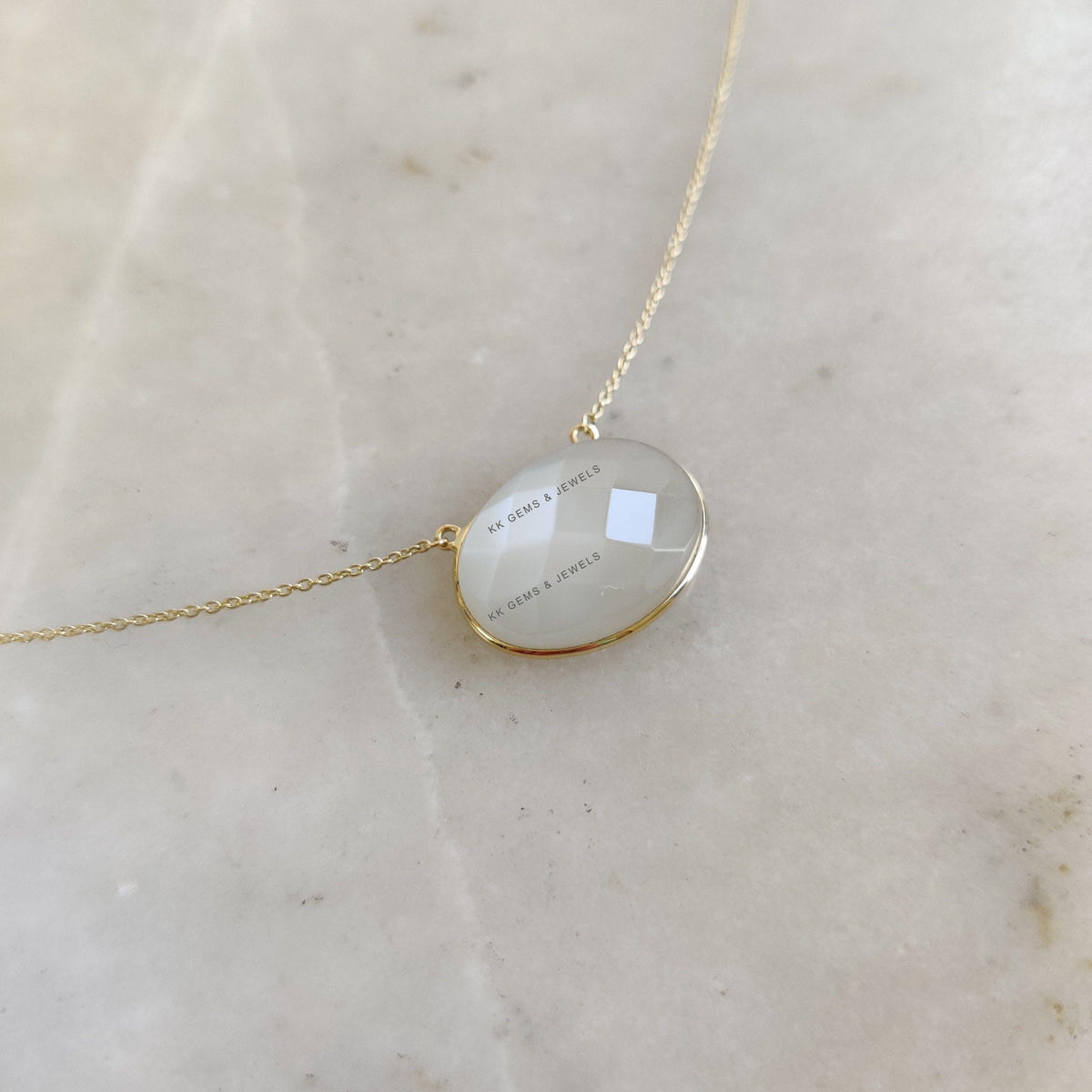 Natural White Moonstone 14K Solid Gold Chain Necklace , Oval June Birthstone