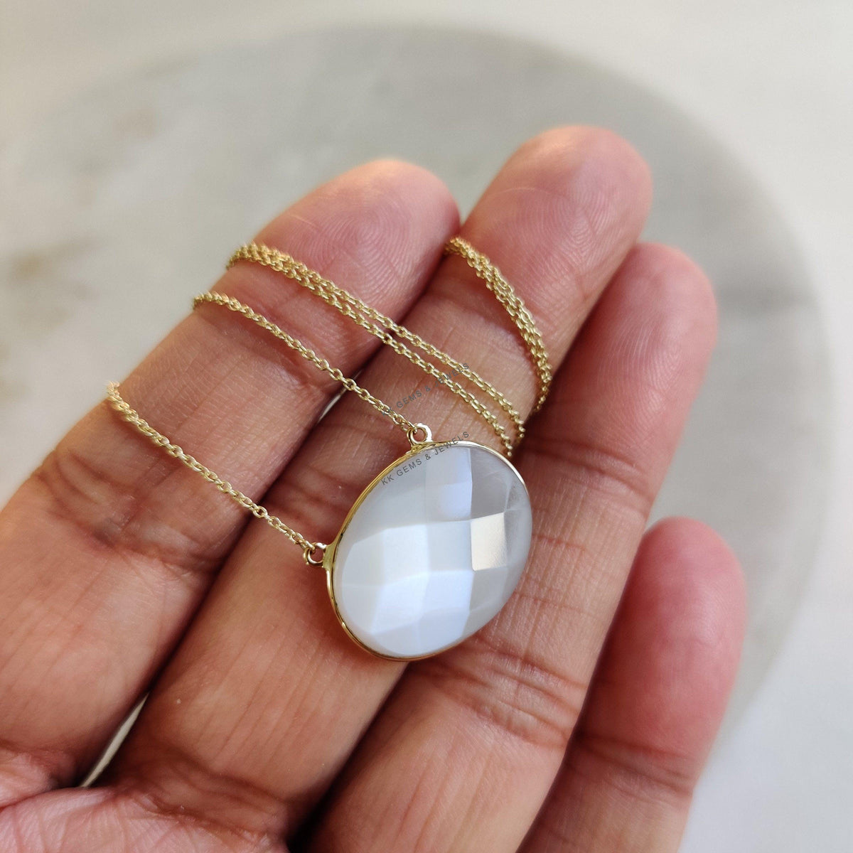 Natural White Moonstone 14K Solid Gold Chain Necklace , Oval June Birthstone
