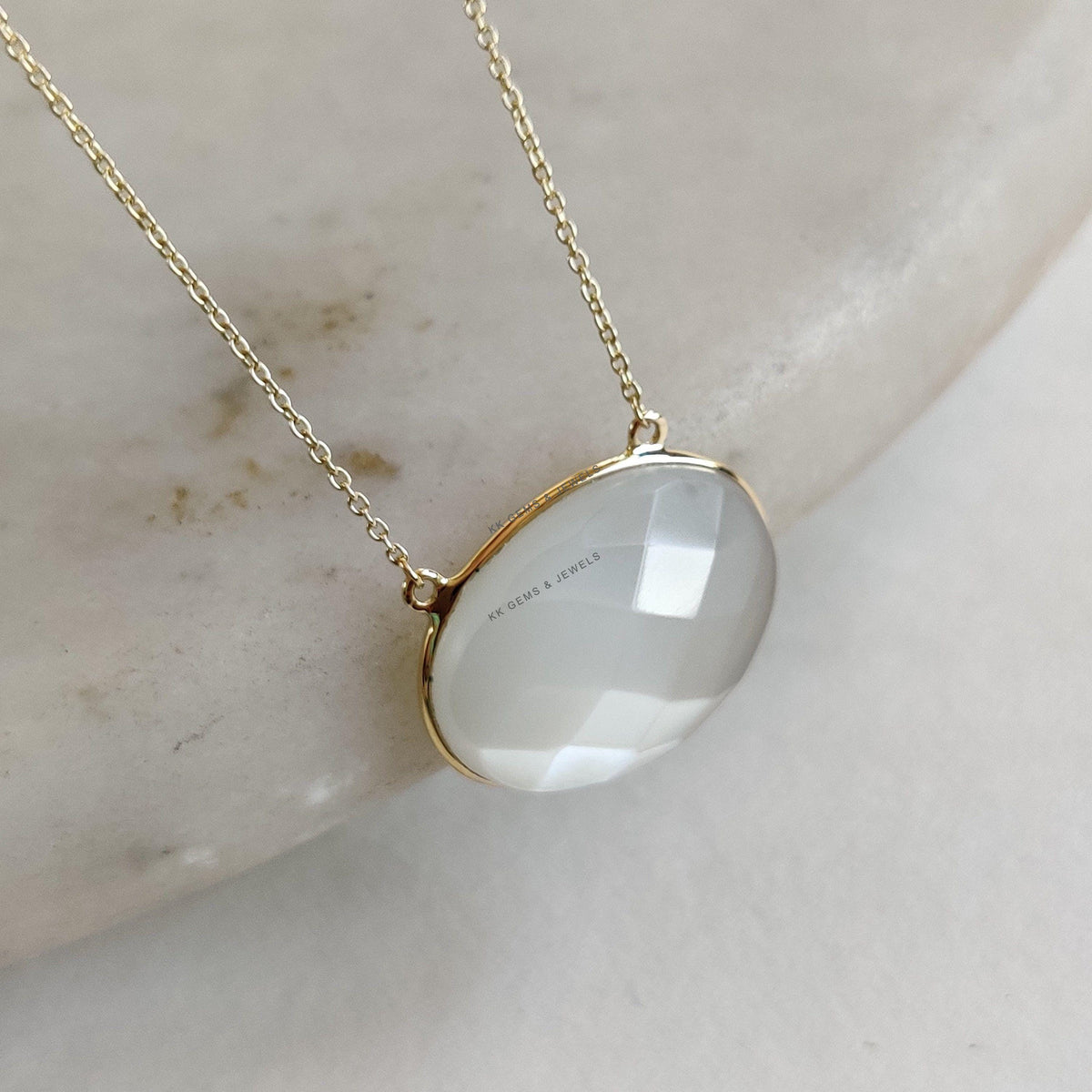 Natural White Moonstone 14K Solid Gold Chain Necklace , Oval June Birthstone