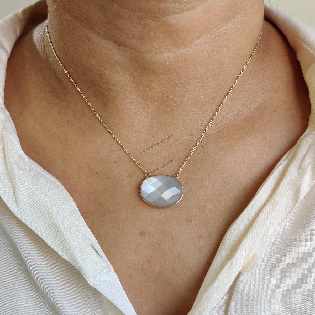 Natural White Moonstone 14K Solid Gold Chain Necklace , Oval June Birthstone