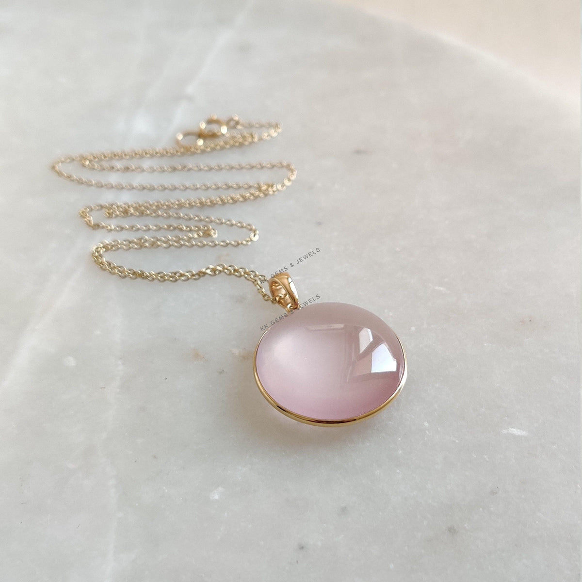 14K Solid Yellow Gold Natural Rose Quartz Round Bezel Pendant, January Birthstone