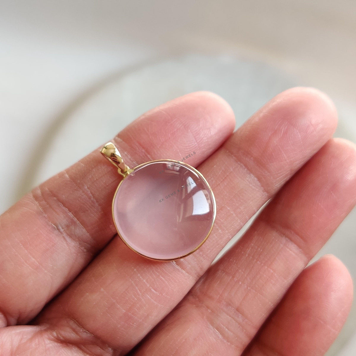14K Solid Yellow Gold Natural Rose Quartz Round Bezel Pendant, January Birthstone