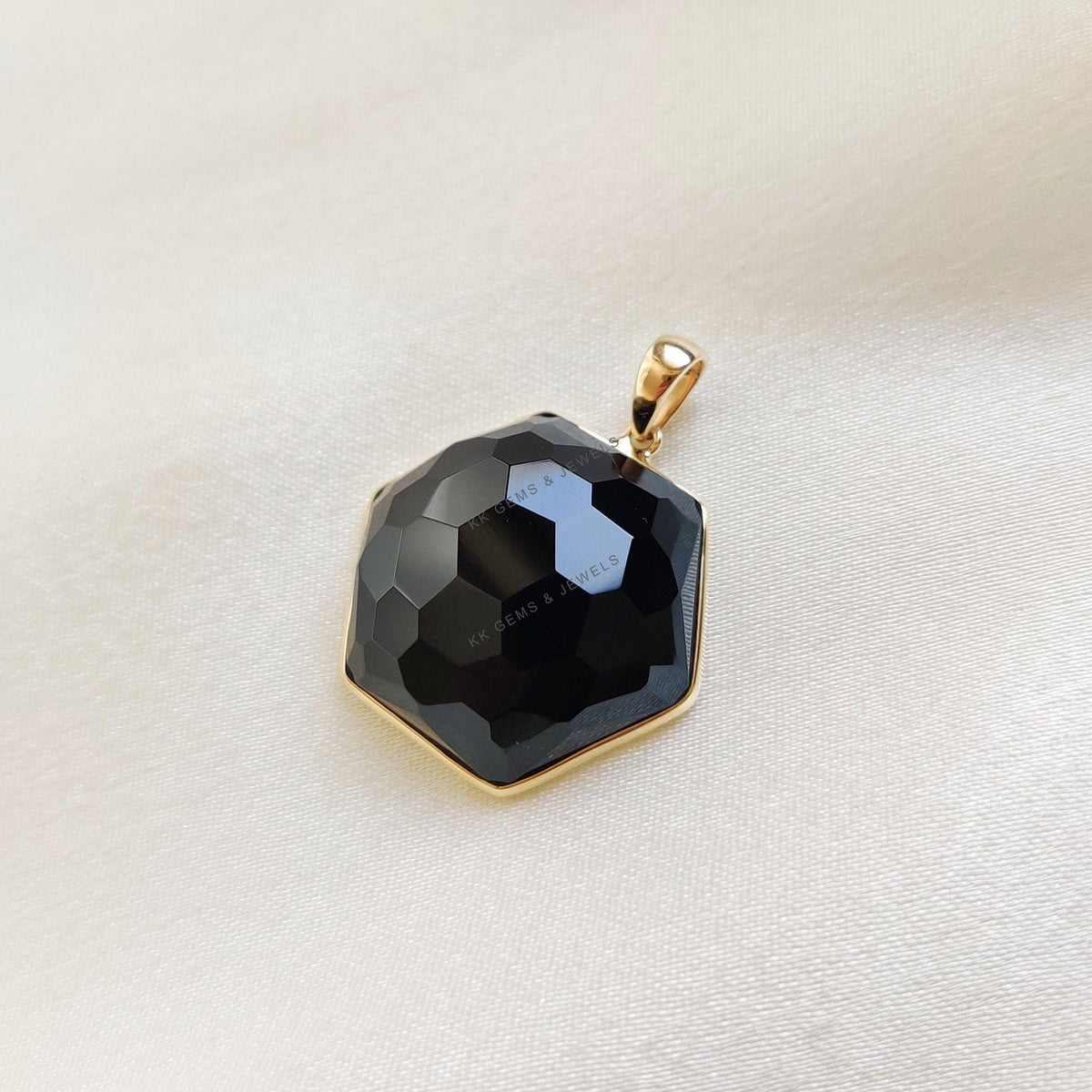 14K Solid Yellow Gold Natural Black Onyx Pendant, Hexagon Bezel Jewelry, Christmas Present