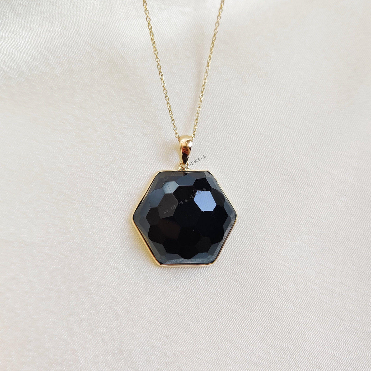 14K Solid Yellow Gold Natural Black Onyx Pendant, Hexagon Bezel Jewelry, Christmas Present