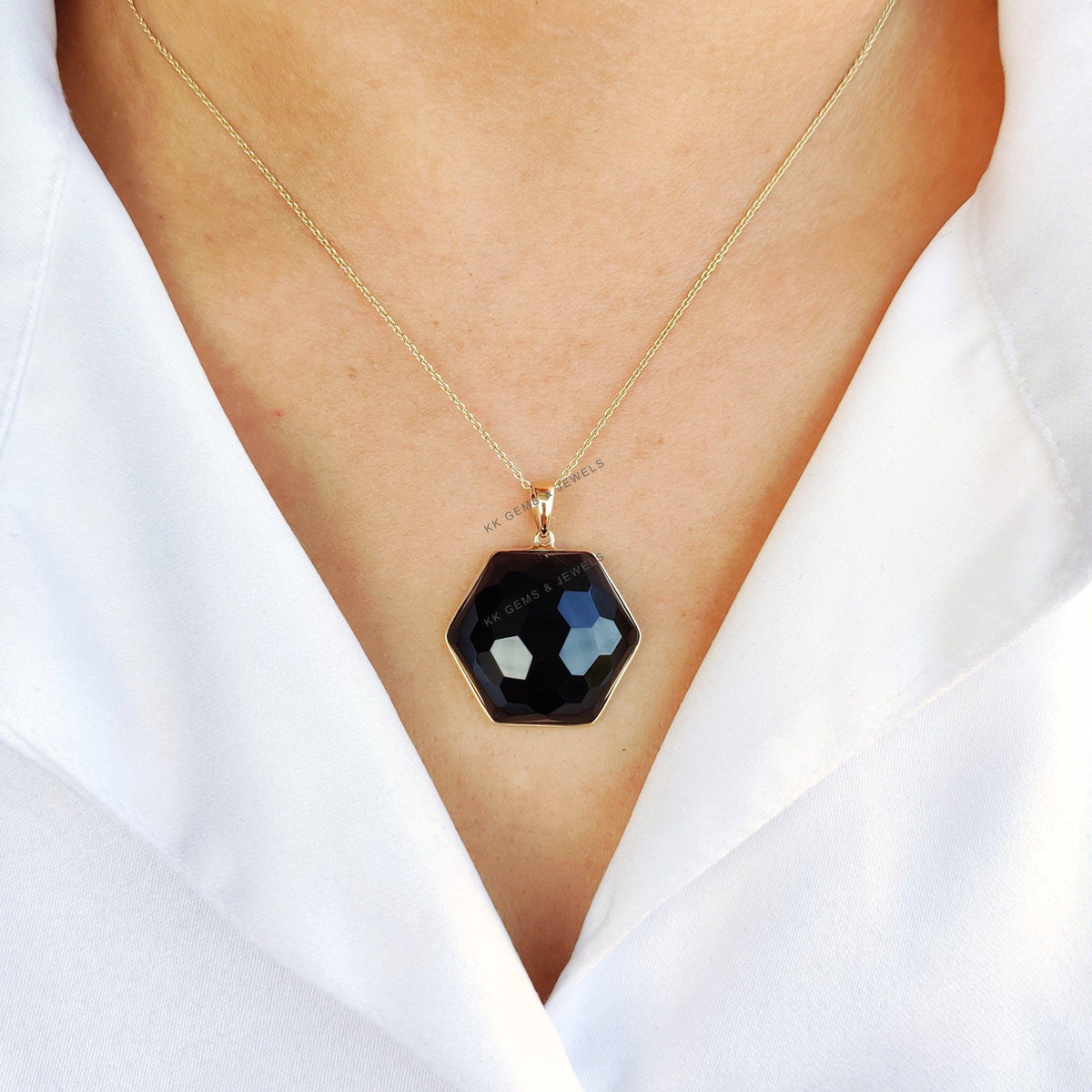 14K Solid Yellow Gold Natural Black Onyx Pendant, Hexagon Bezel Jewelry, Christmas Present