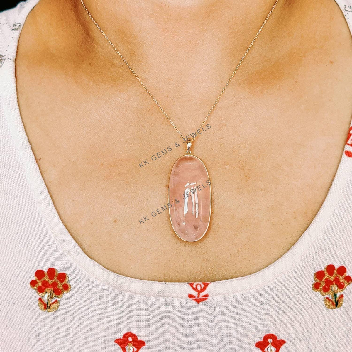 Natural Rose Quartz Pendant, 14K Solid Yellow Gold Bezel, January Birthstone