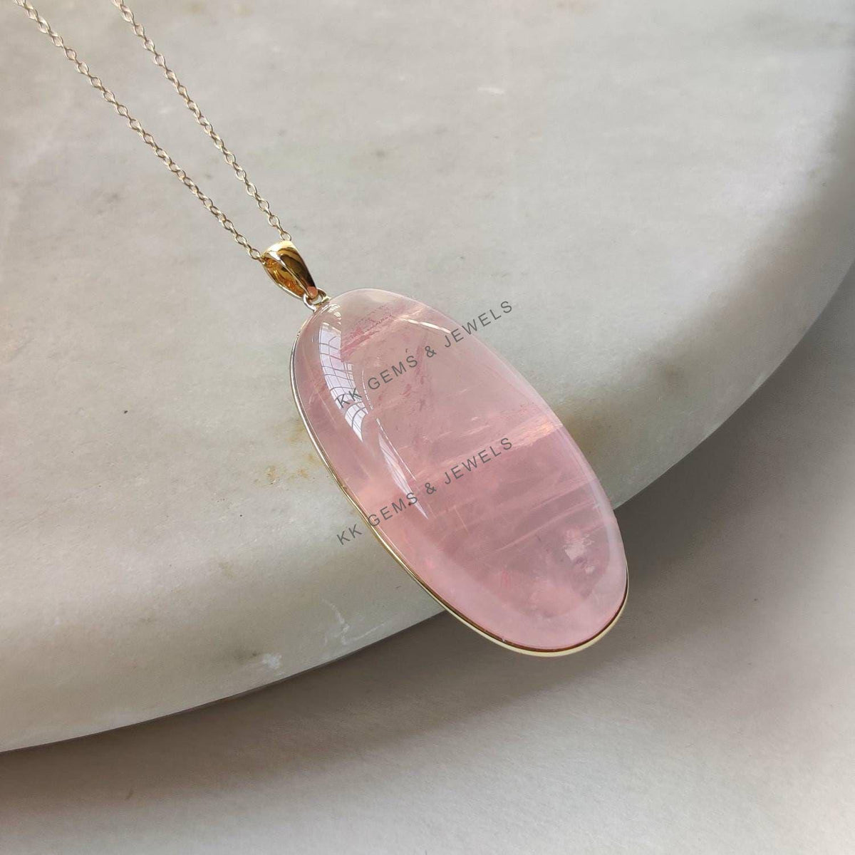 Natural Rose Quartz Pendant, 14K Solid Yellow Gold Bezel, January Birthstone