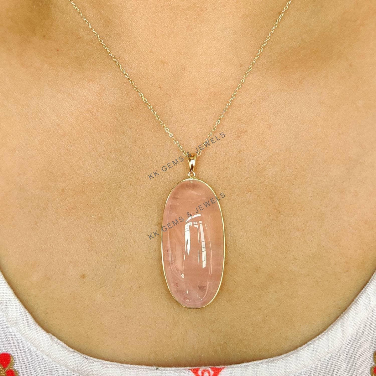 Natural Rose Quartz Pendant, 14K Solid Yellow Gold Bezel, January Birthstone