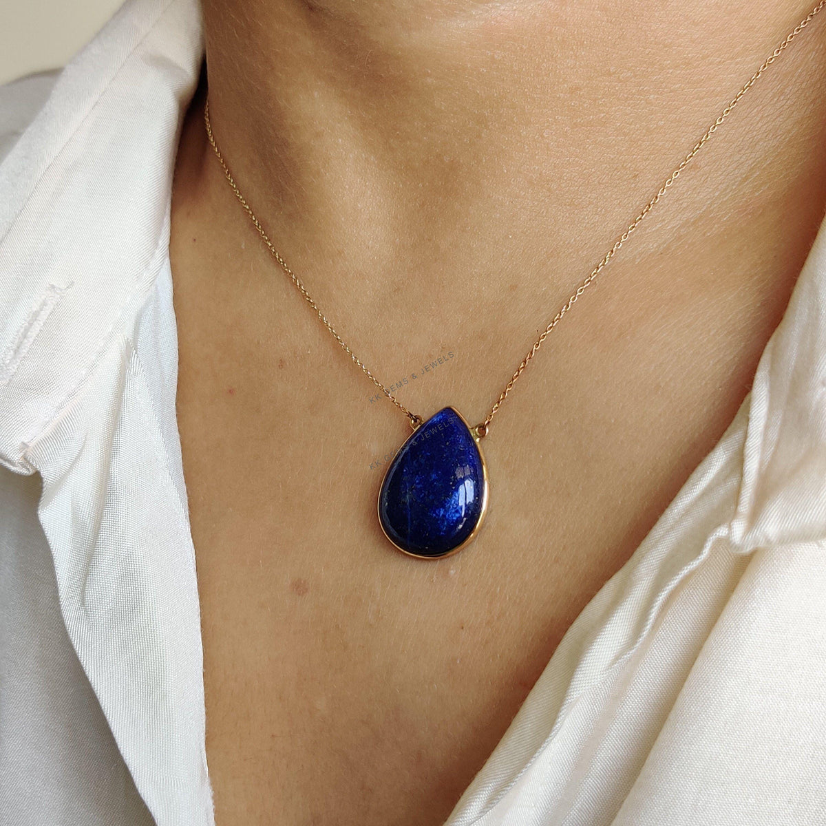 14K Solid Yellow Gold Natural Lapis Lazuli Pear Chain Necklace, September Birthstone