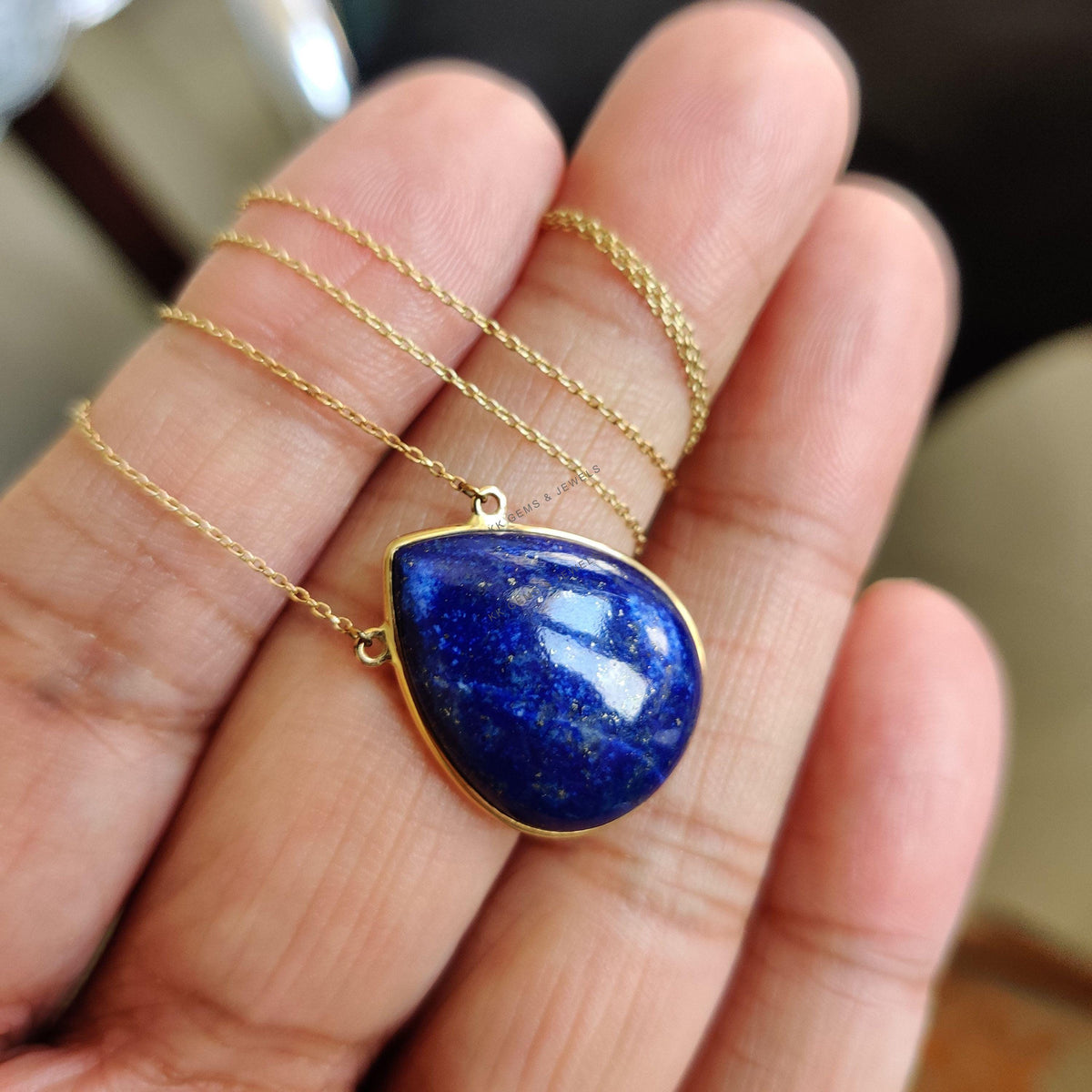 14K Solid Yellow Gold Natural Lapis Lazuli Pear Chain Necklace, September Birthstone
