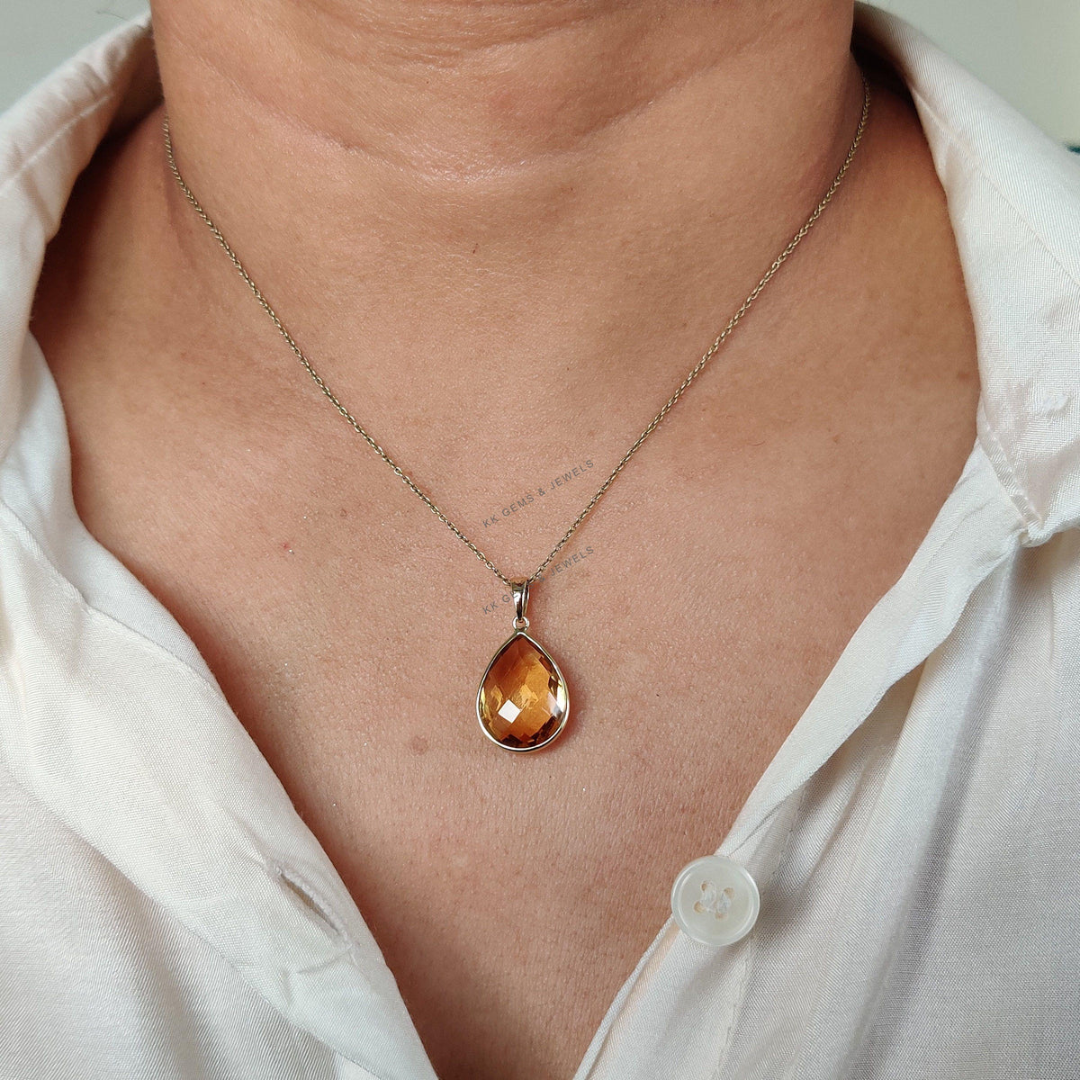 14K Solid Gold Natural Citrine Pear Bezel Pendant, November Birthstone