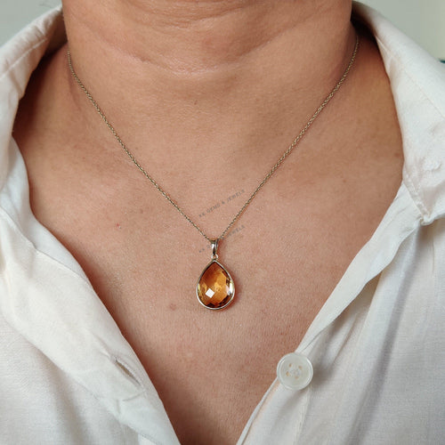 14K Solid Gold Natural Citrine Pear Bezel Pendant, November Birthstone