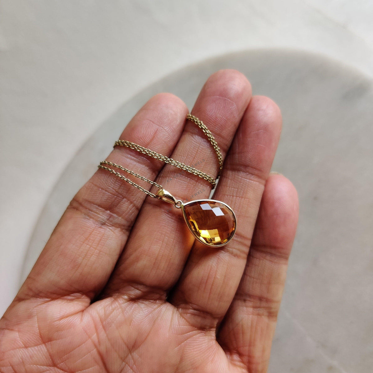 14K Solid Gold Natural Citrine Pear Bezel Pendant, November Birthstone
