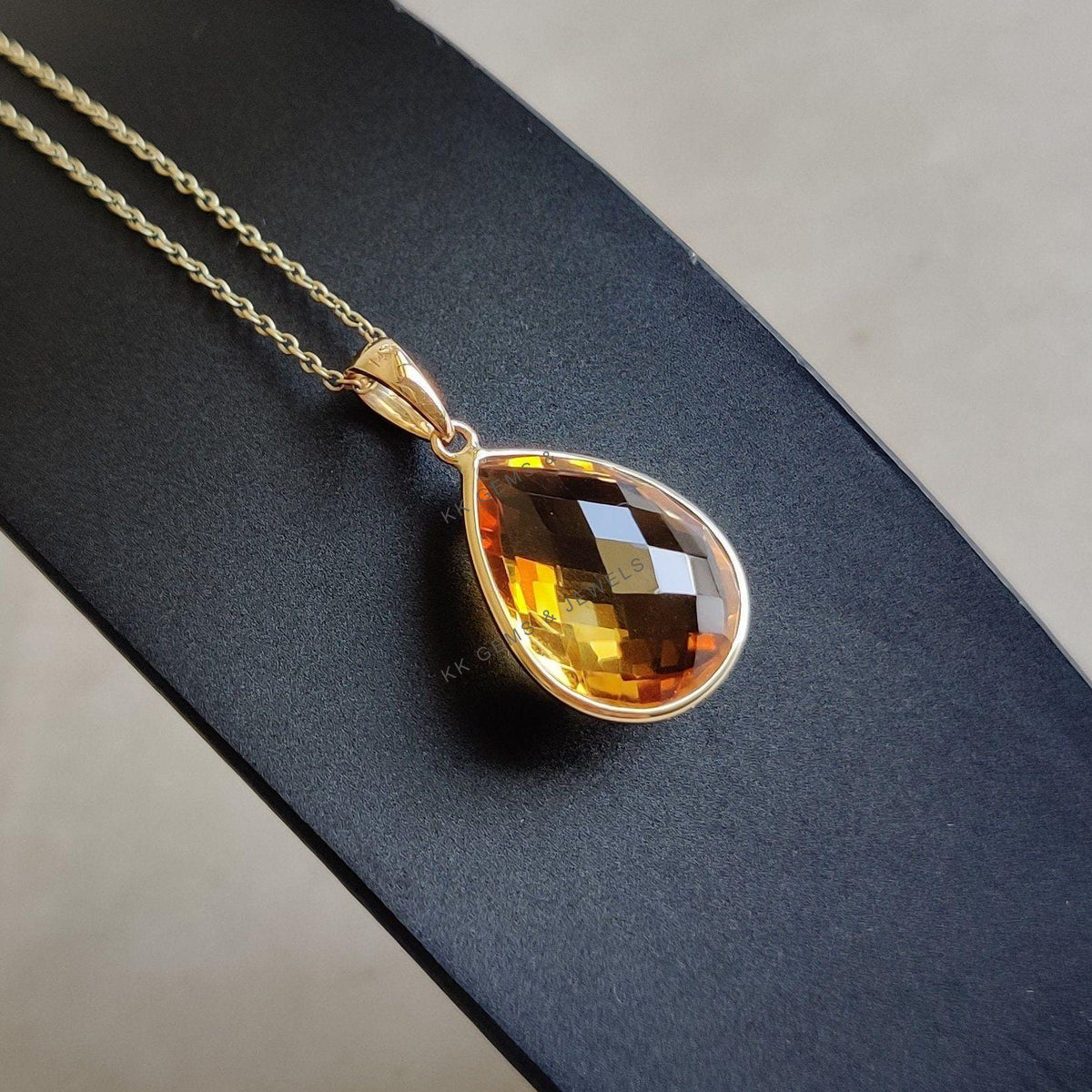 14K Solid Gold Natural Citrine Pear Bezel Pendant, November Birthstone
